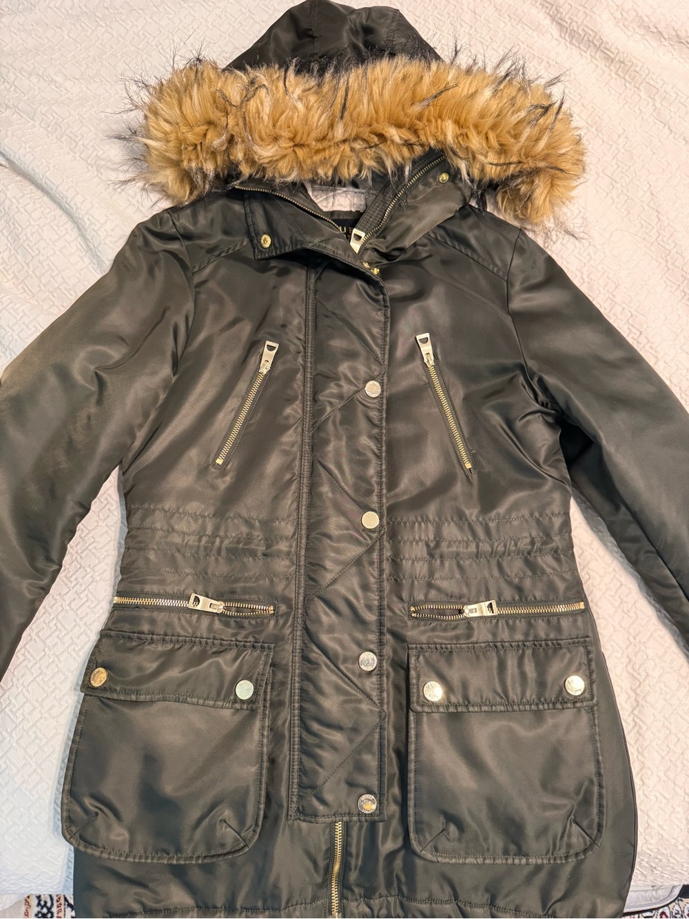 GUESS Faux-Fur Trim Hooded Parka Jacket - Green